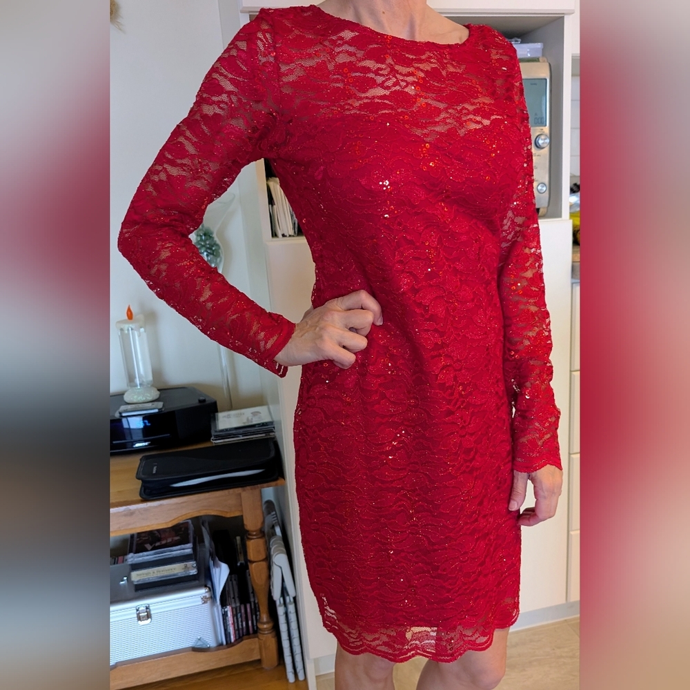 Jump Apparel Red Sequin Lace Long Sleeve Dress